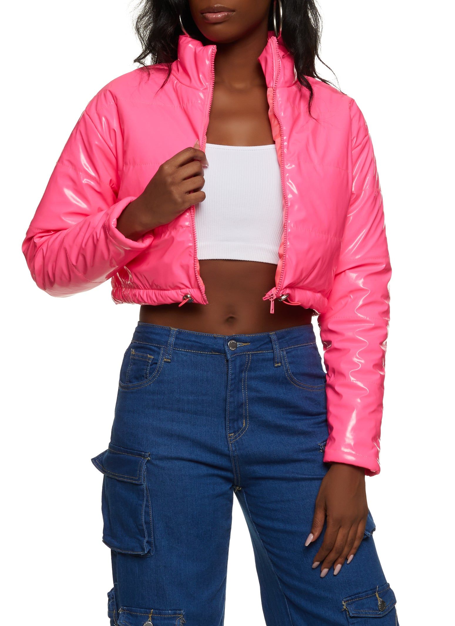 Faux Patent Leather Cropped Puffer Jacket sold by Rainbow