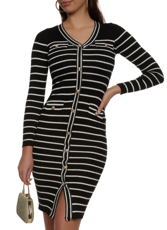 Striped Faux Button Front Sweater Dress sold by Rainbow
