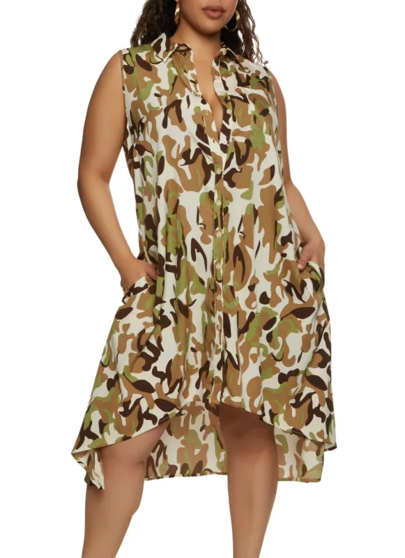 Plus Size Camo Button Front High Low Shirt Dress sold by Rainbow