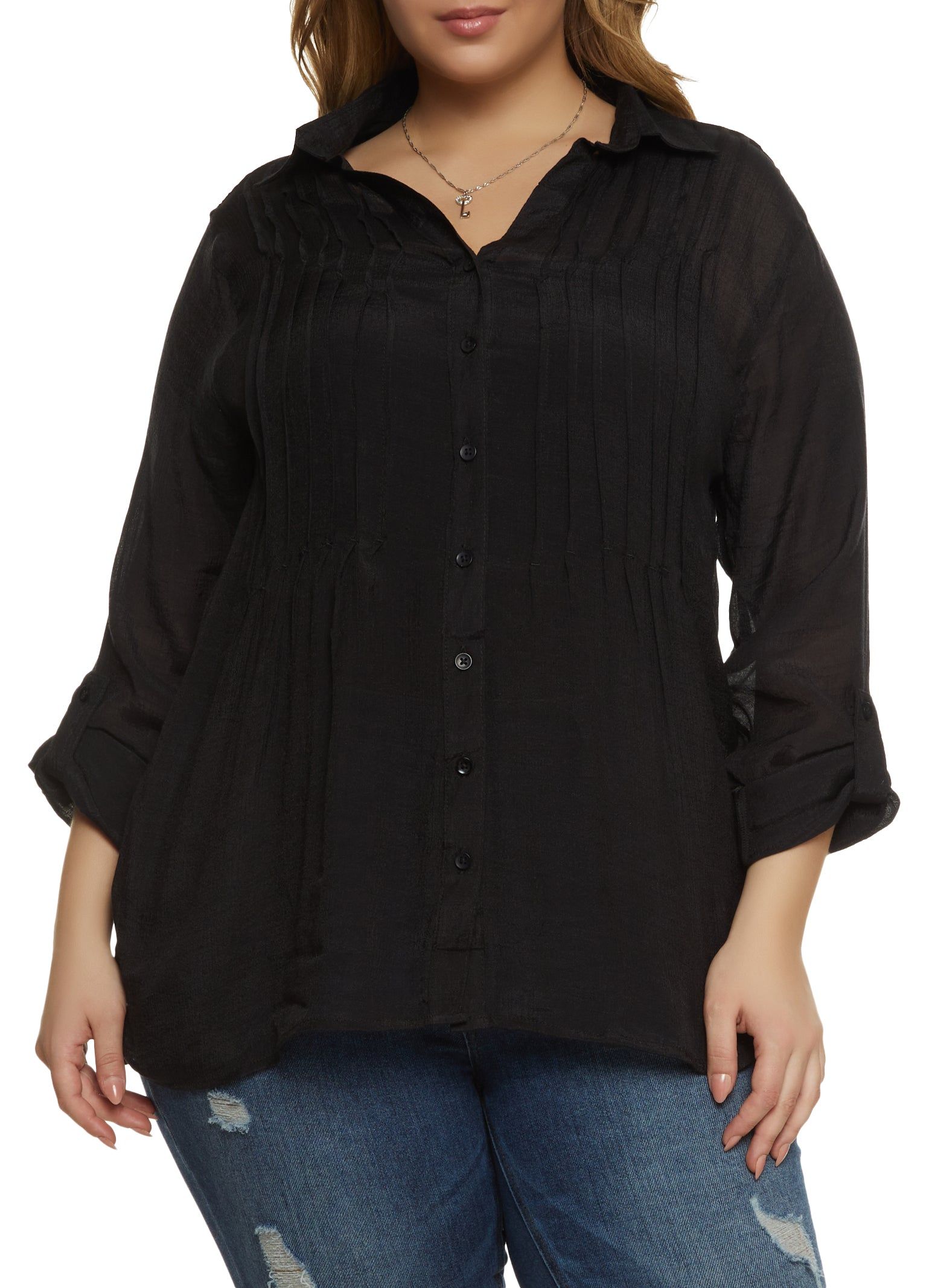 Plus Size Pintuck Button Down Gauze Shirt sold by Rainbow