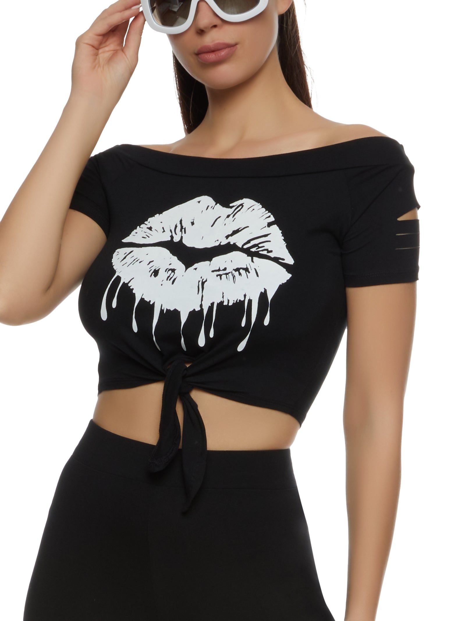 Lips Tie Front Laser Cut Graphic Tee sold by Rainbow