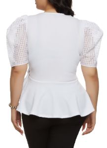 Plus Size Puff Sleeve Tie Waist Peplum Top sold by Rainbow