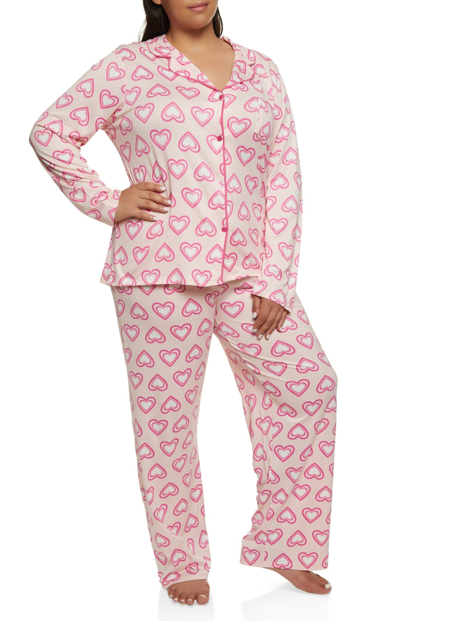 Plus Size Heart Printed Long Sleeve Pajama Shirt and Pants sold by Rainbow