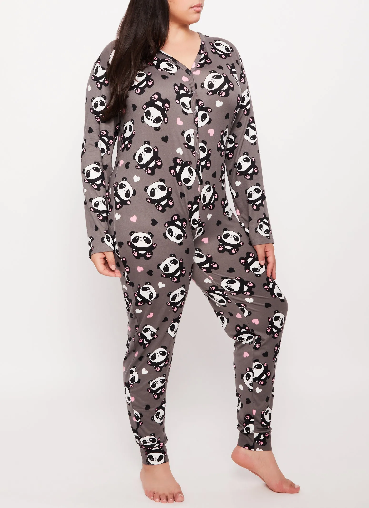 Plus Size Panda Bear Heart Print Onesie sold by Rainbow