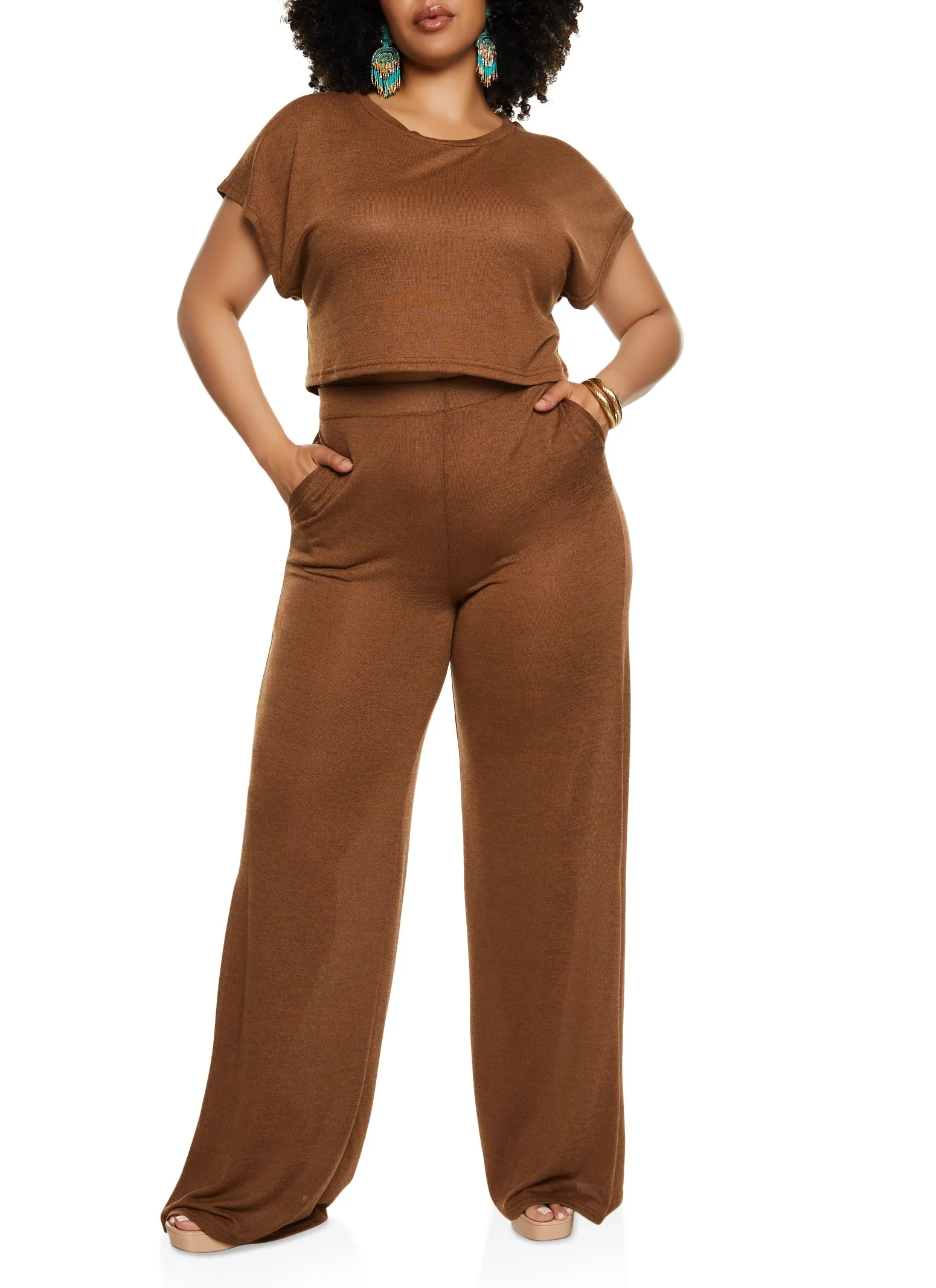 Plus Size Daisy Brushed Knit High Waist Wide Leg Pants sold by Rainbow