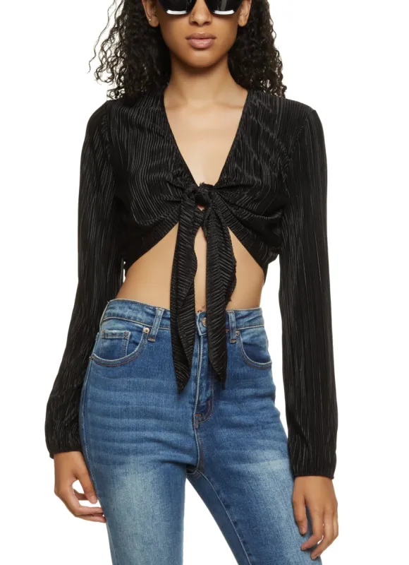 Plisse Tie Front Crop Top sold by Rainbow