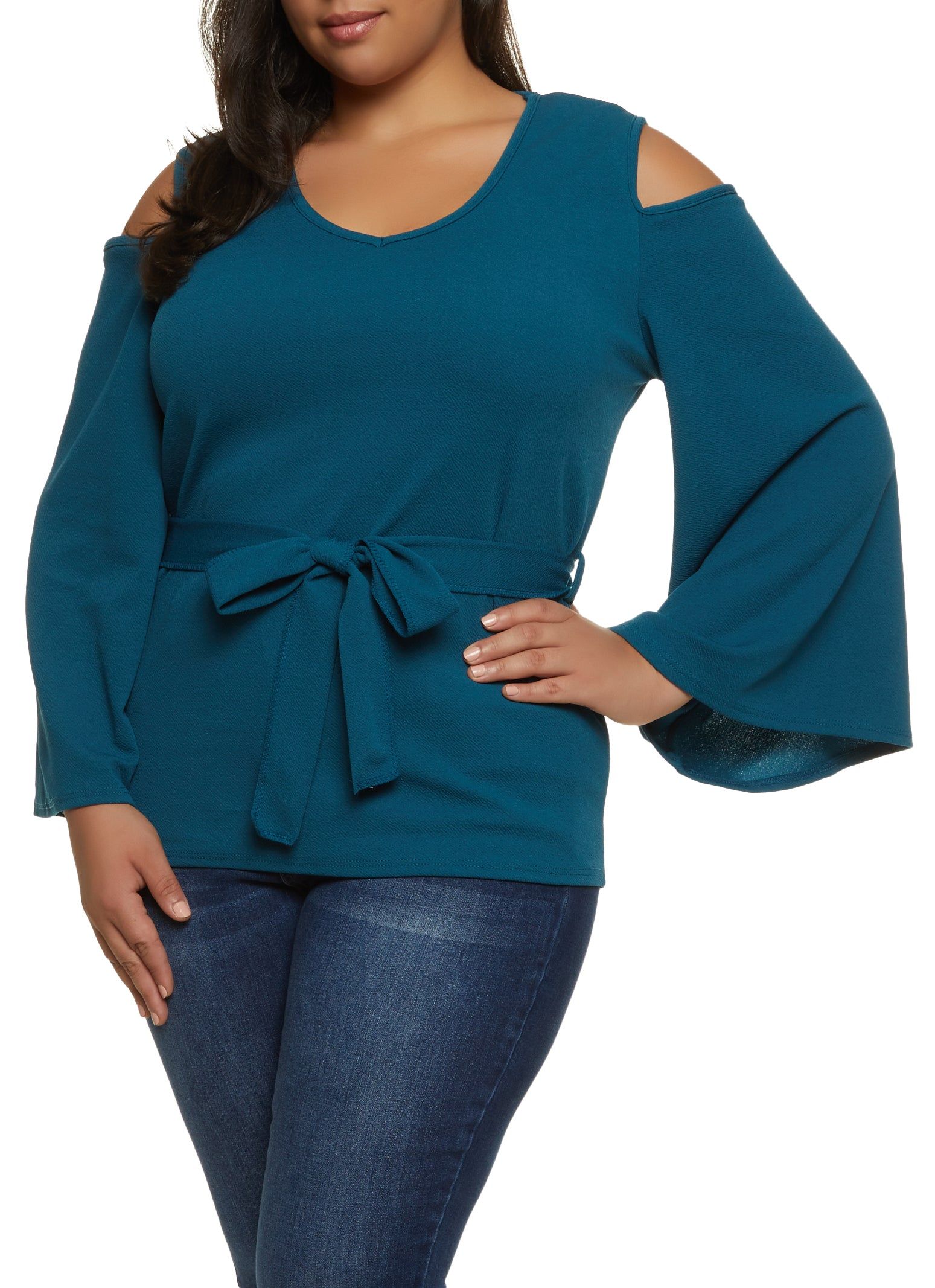 Plus Size Tie Waist Belted Cold Shoulder Blouse sold by Rainbow
