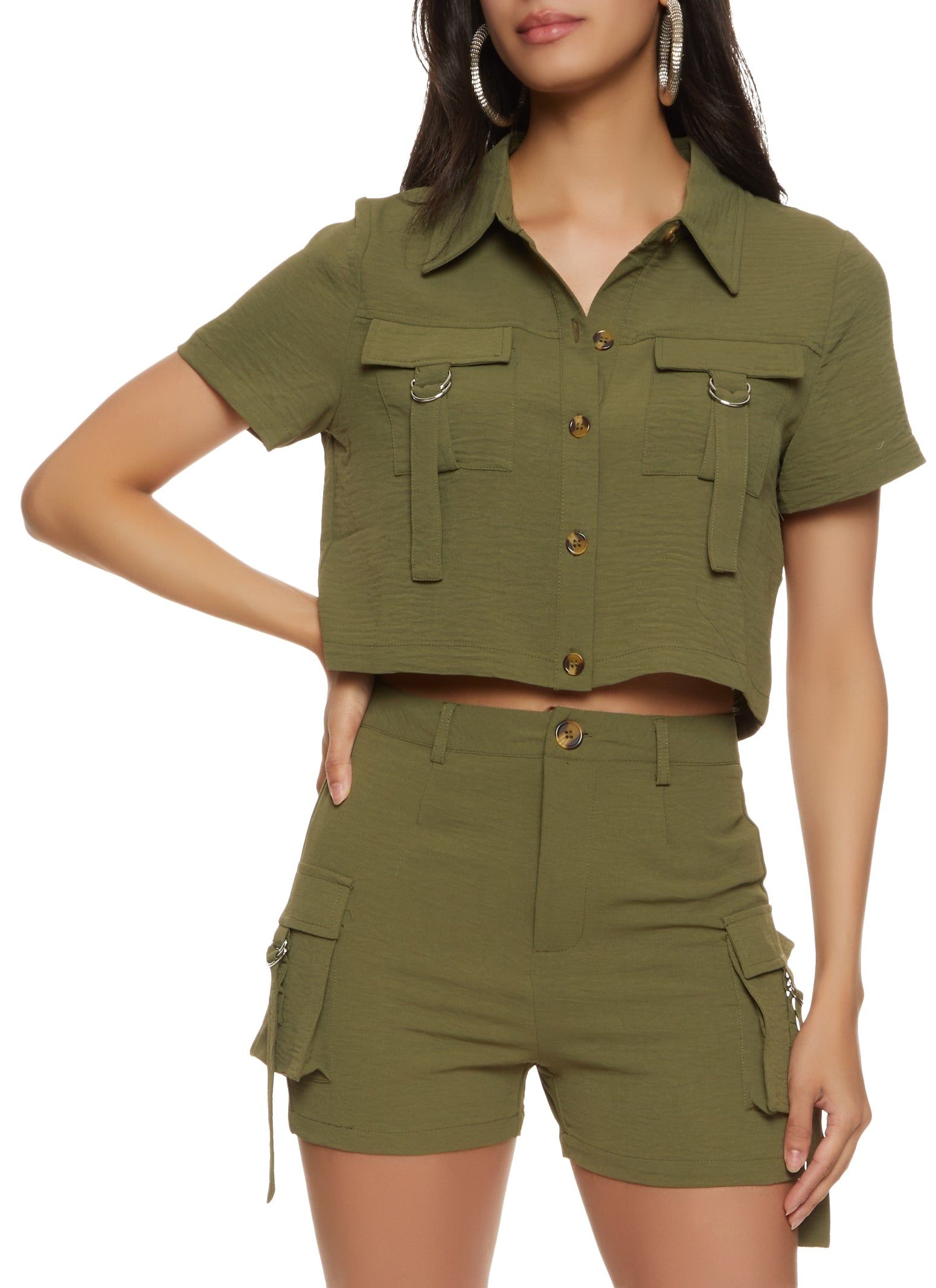 Cargo Pocket Button Front Cropped Shirt sold by Rainbow product image thumbnail 2