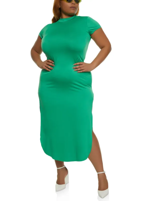 Plus Size Side Slit Mock Neck T Shirt Maxi Dress sold by Rainbow