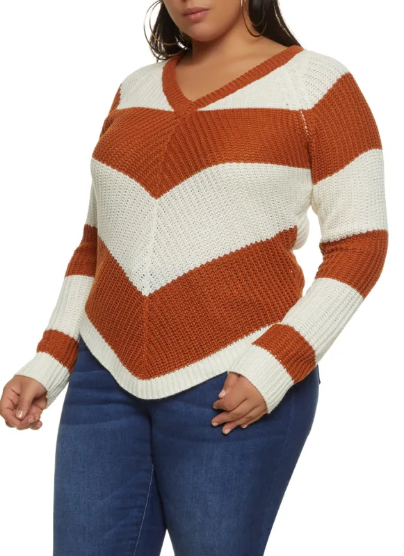 Plus Size Chevron Striped Lace Up Back Sweater sold by Rainbow