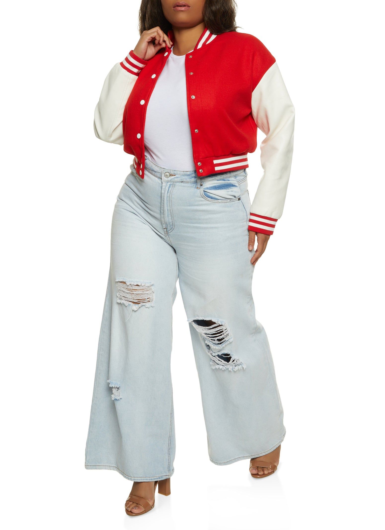 Plus Size Faux Leather Sleeve Baseball Jacket sold by Rainbow product image thumbnail 2