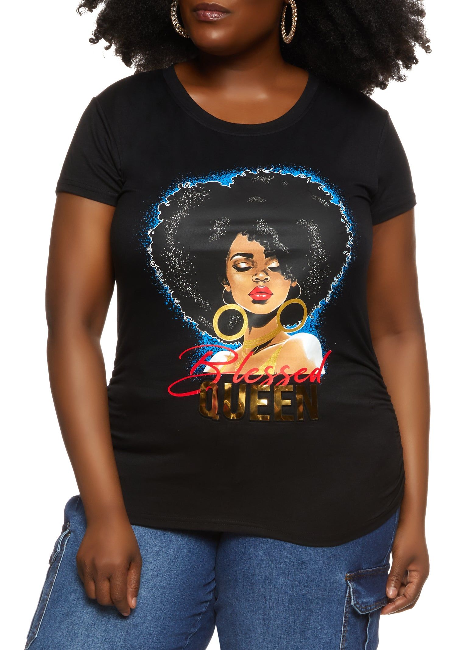 Plus Size Blessed Queen Ruched Graphic Tee sold by Rainbow