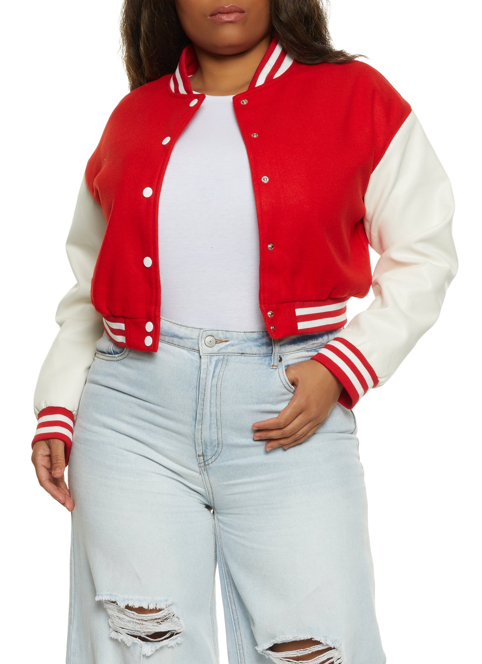 Plus Size Faux Leather Sleeve Baseball Jacket sold by Rainbow