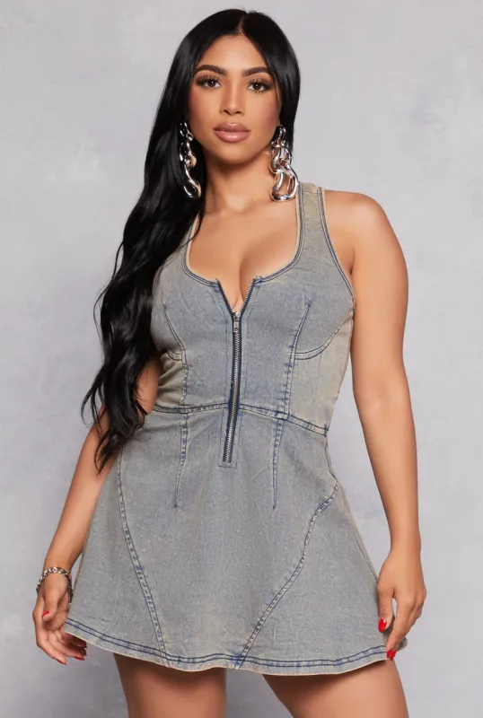 Half Zip Acid Wash Denim Mini Dress sold by Rainbow