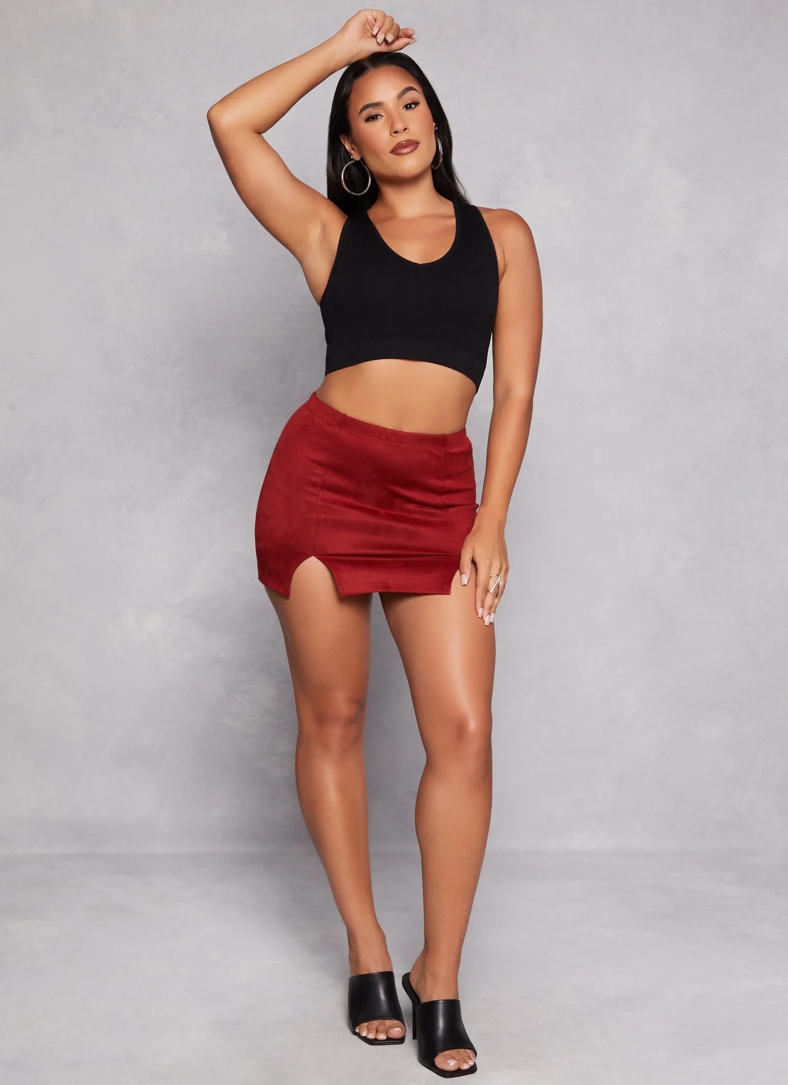 Faux Suede Double Slit High Waist Mini Skirt sold by Rainbow