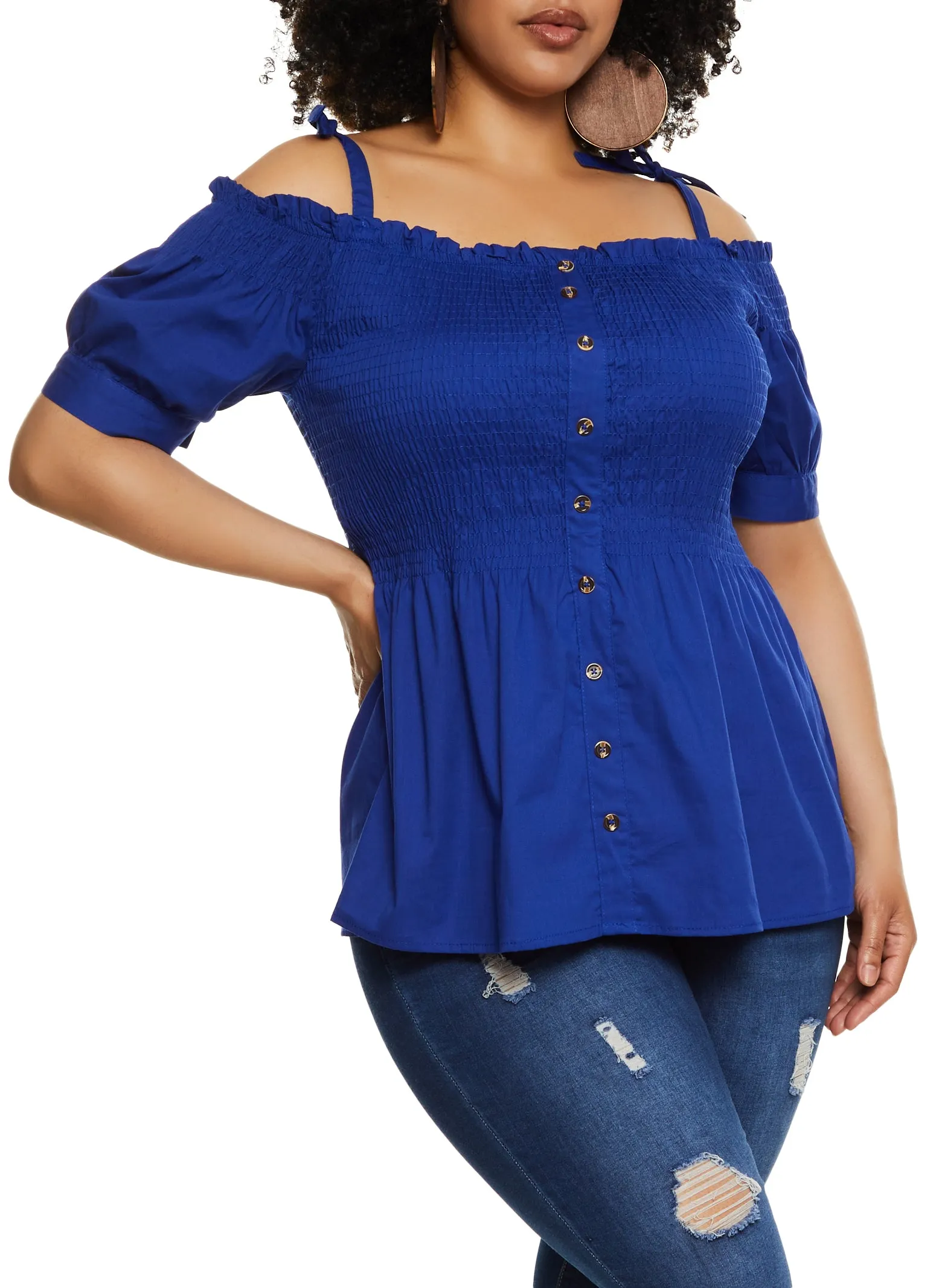 Plus Size Tie Strap Smocked Cold Shoulder Top sold by Rainbow product image thumbnail 2