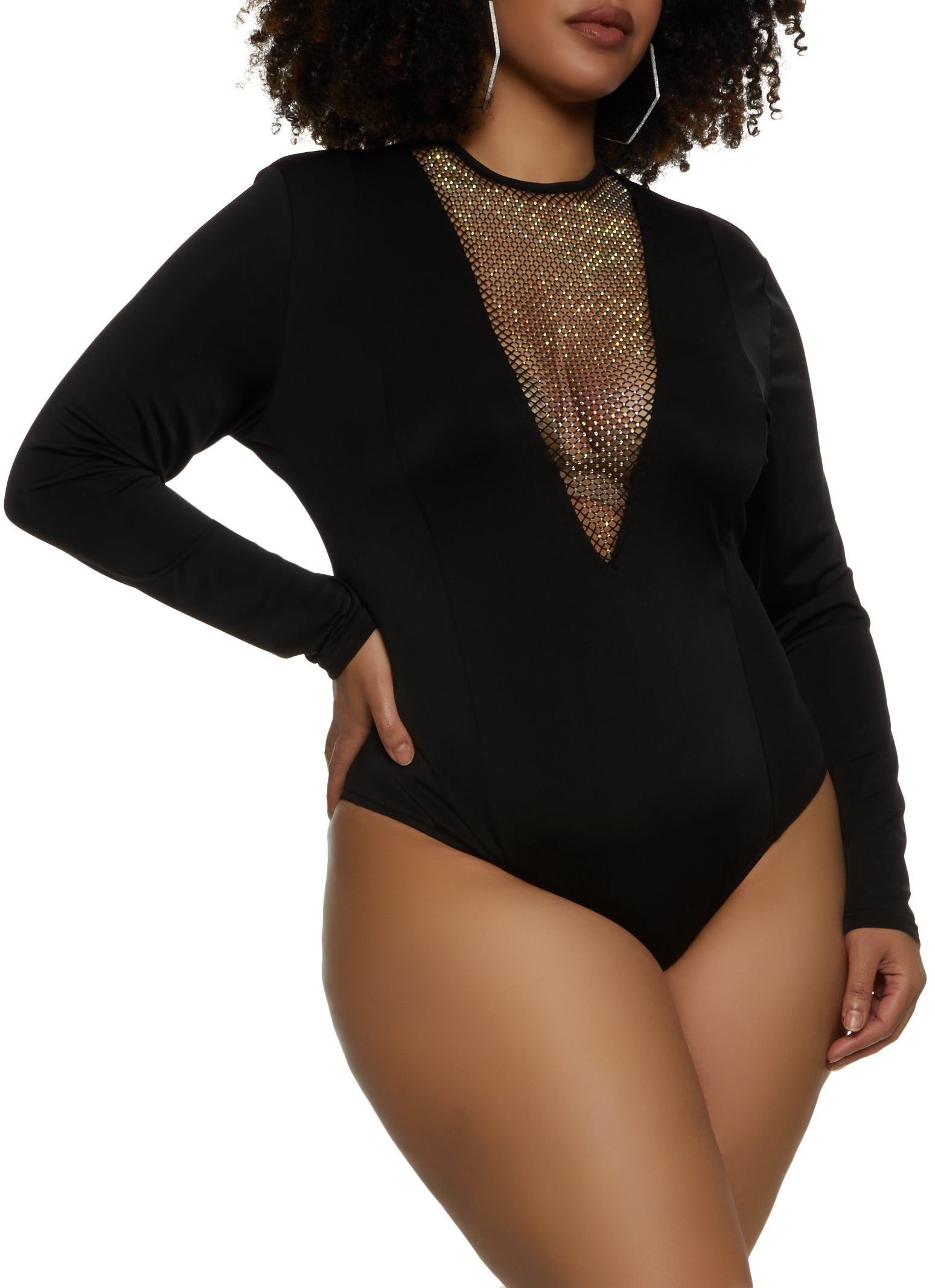 Plus Size Rhinestone Fishnet Insert Bodysuit sold by Rainbow