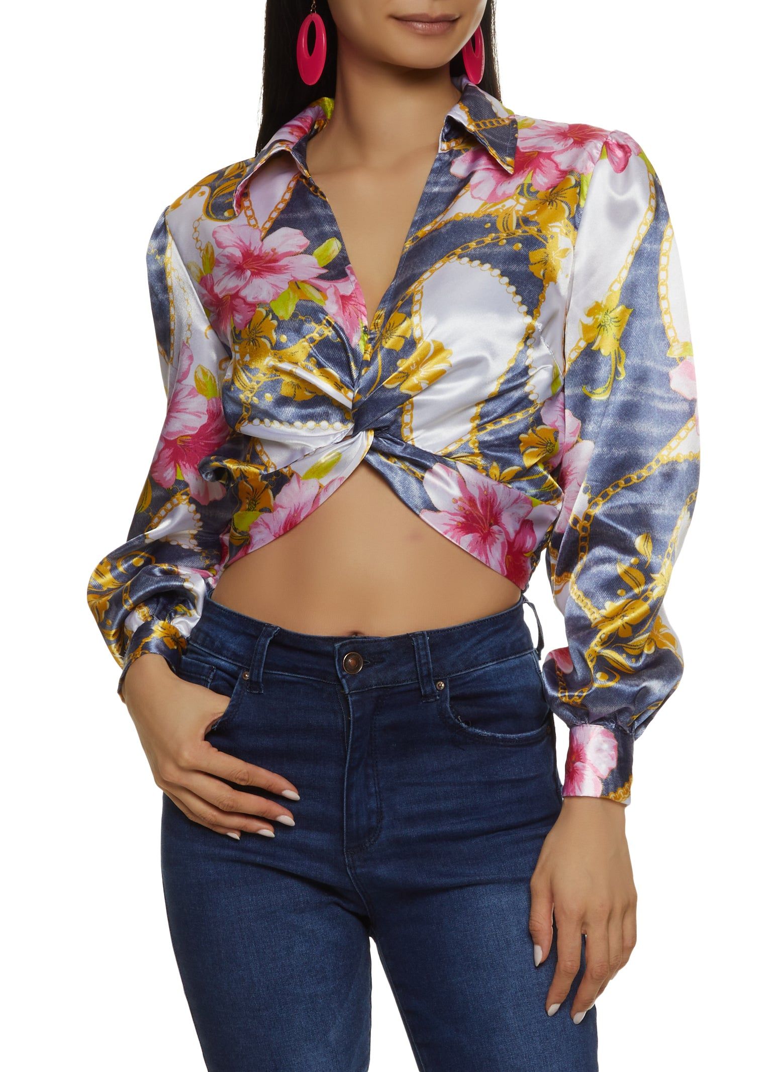 Satin Patterned Twist Front Crop Top sold by Rainbow