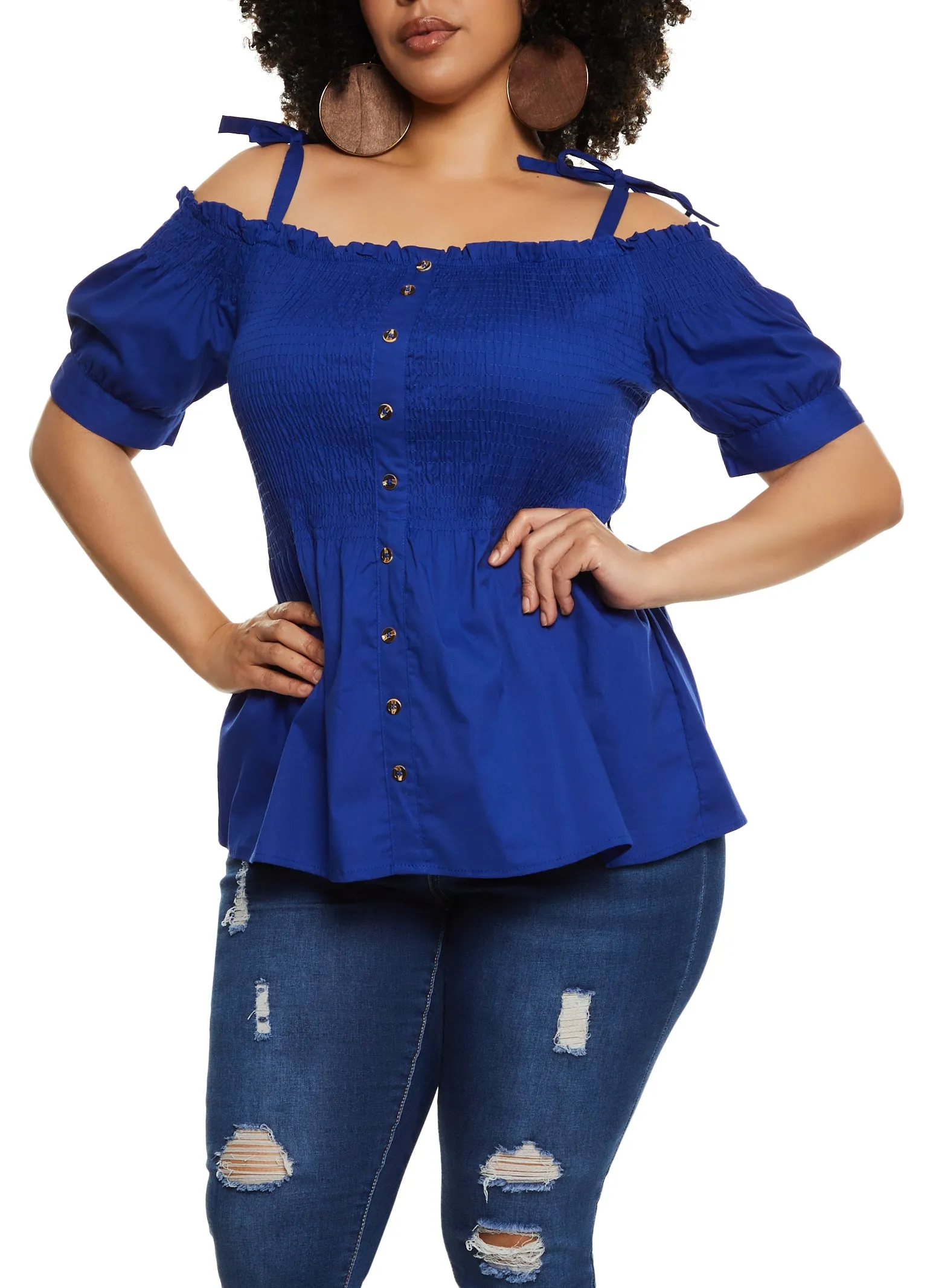 Plus Size Tie Strap Smocked Cold Shoulder Top sold by Rainbow