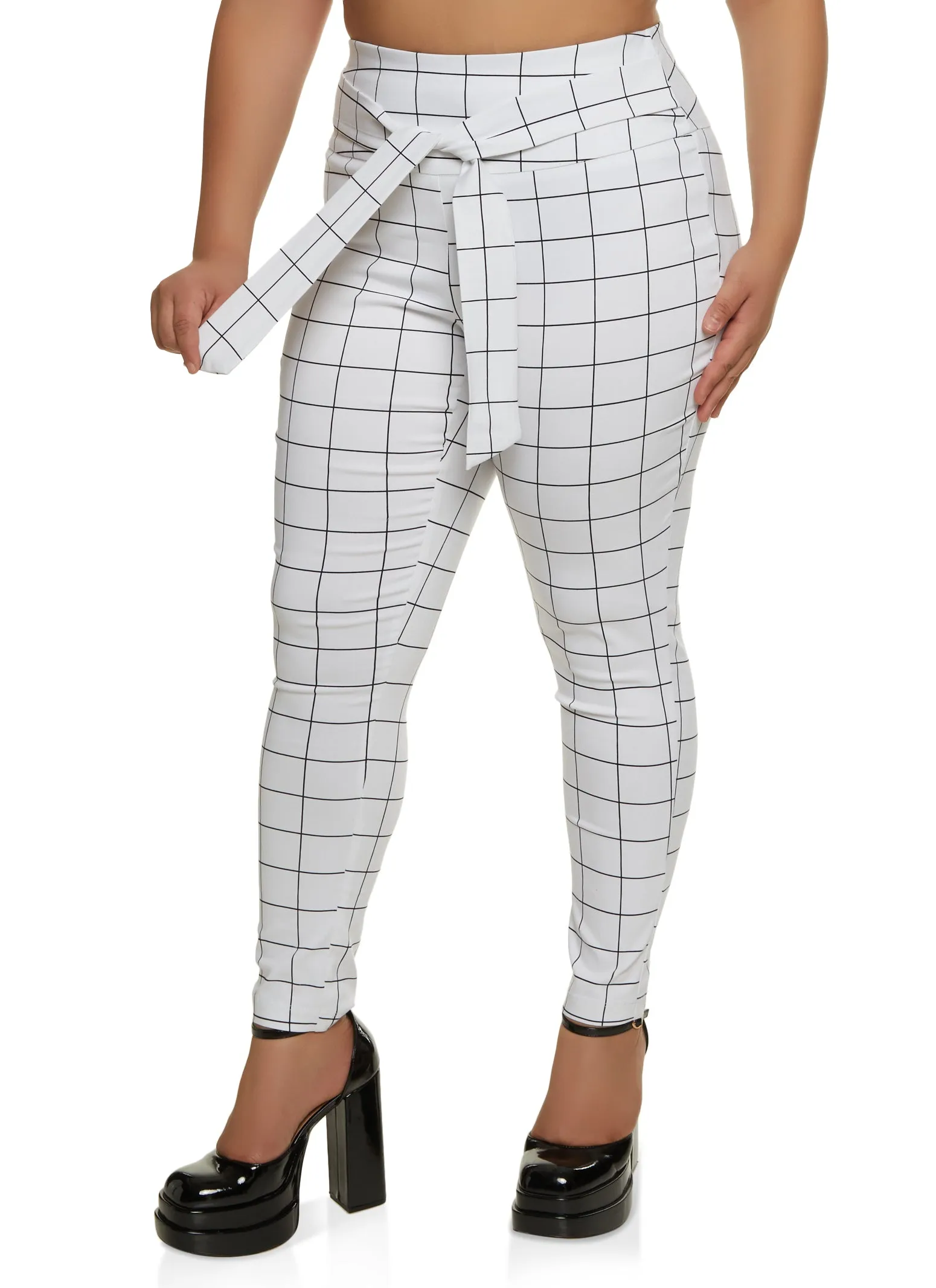 Plus Size Windowpane Print Tie Front Dress Pants sold by Rainbow