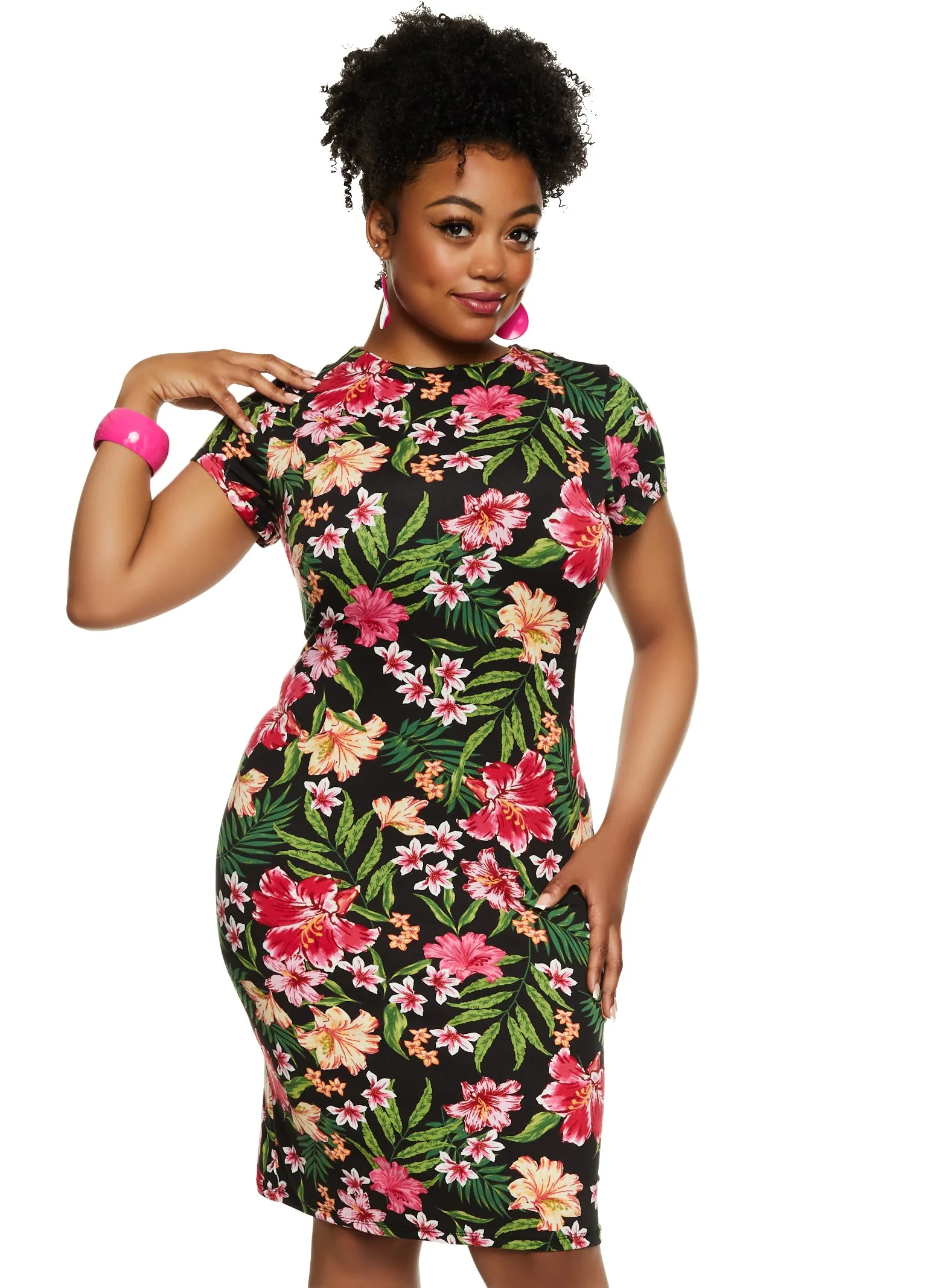 Plus Size Floral Print Mock Neck Midi Dress sold by Rainbow