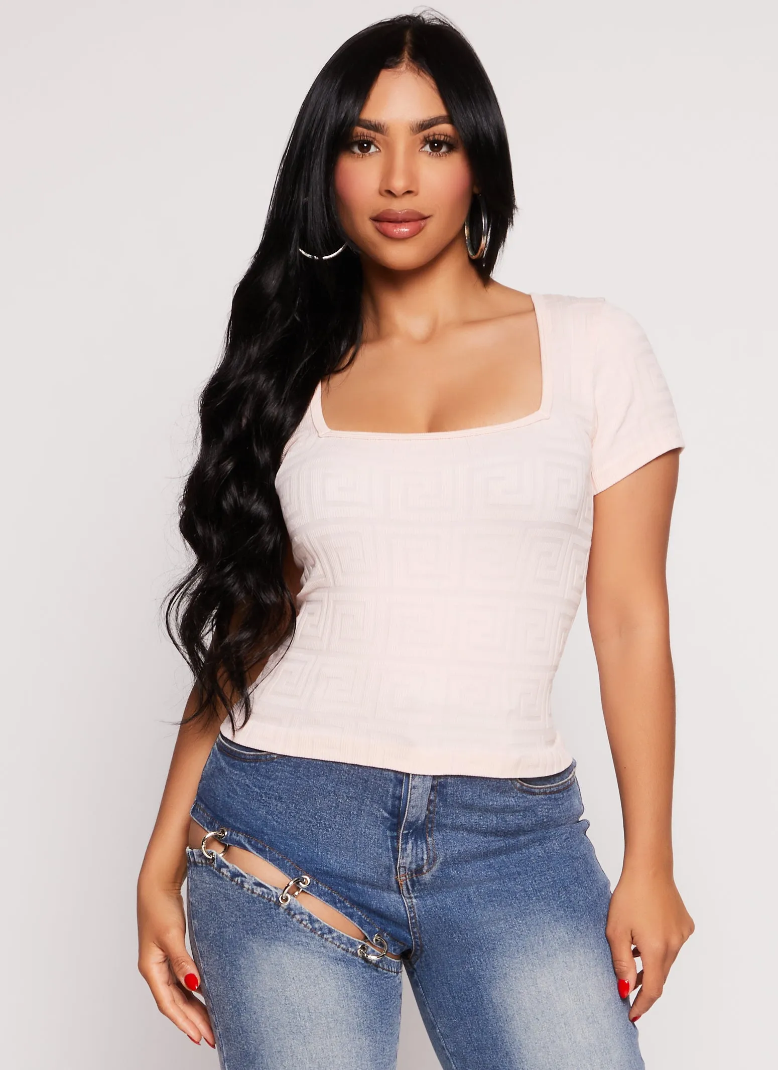 Seamless Ribbed Greek Key Short Sleeve Top sold by Rainbow