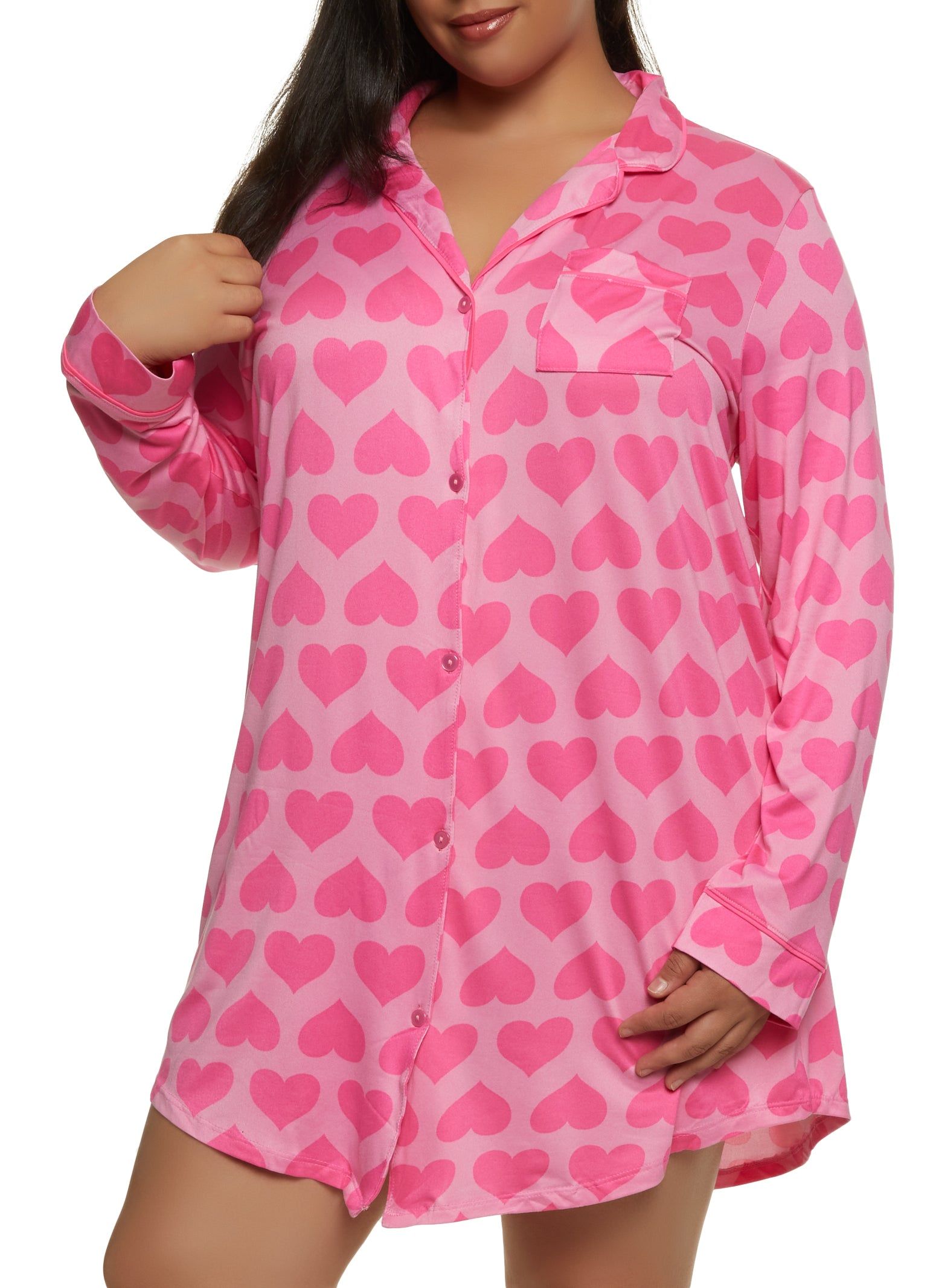 Plus Size Heart Patterned Notch Collar Button Front Nightgown sold by Rainbow