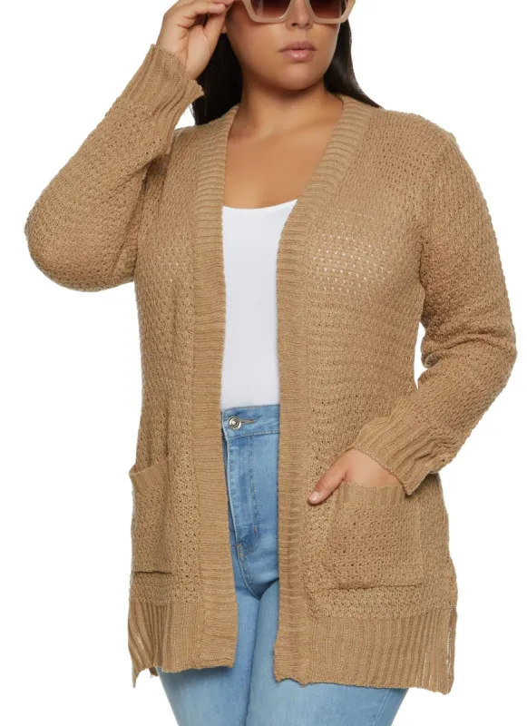 Plus Size Pointelle Knit Open Front Cardigan sold by Rainbow