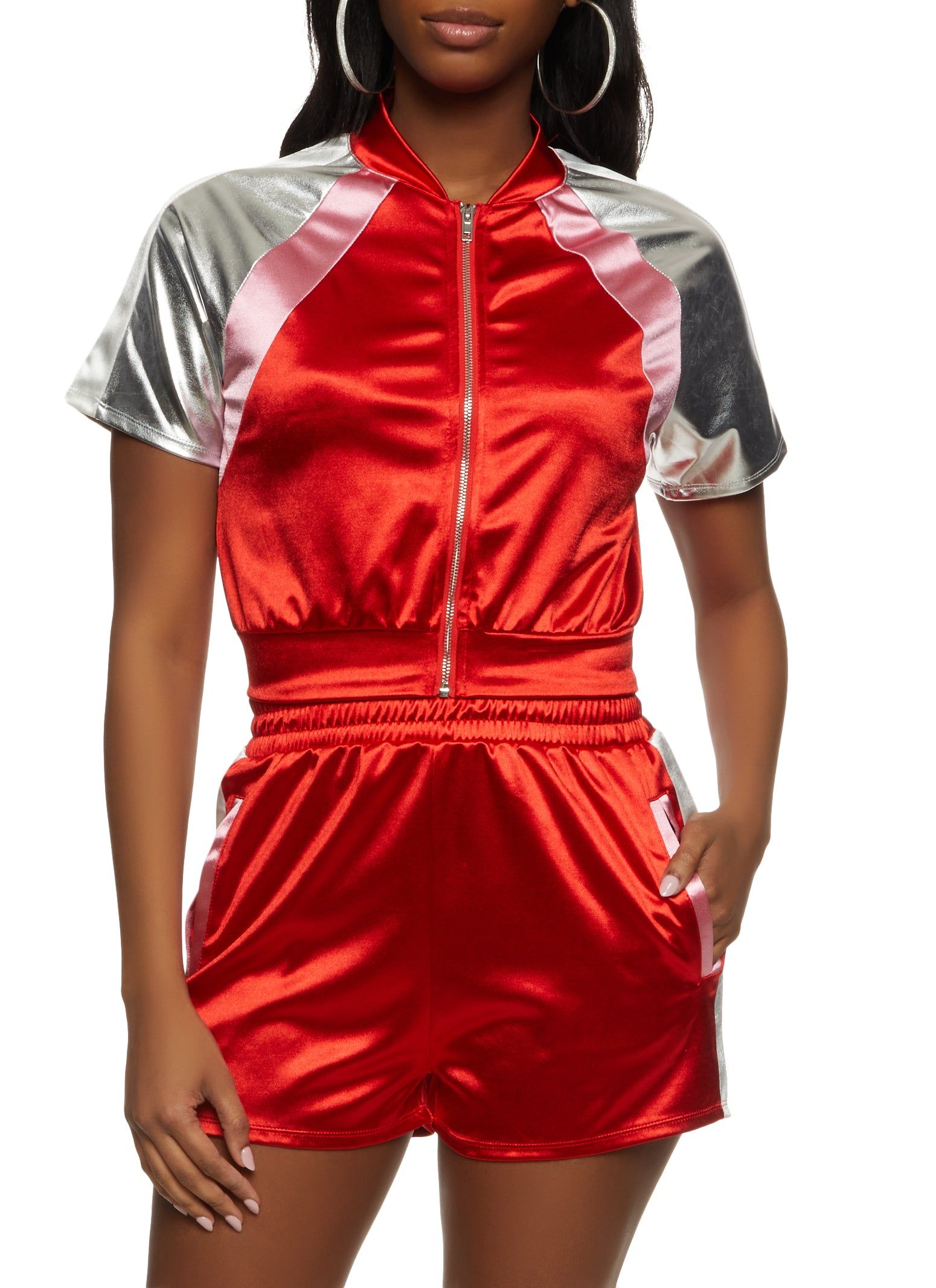 Color Block Short Sleeve Zip Front Crop Top sold by Rainbow product image thumbnail 2