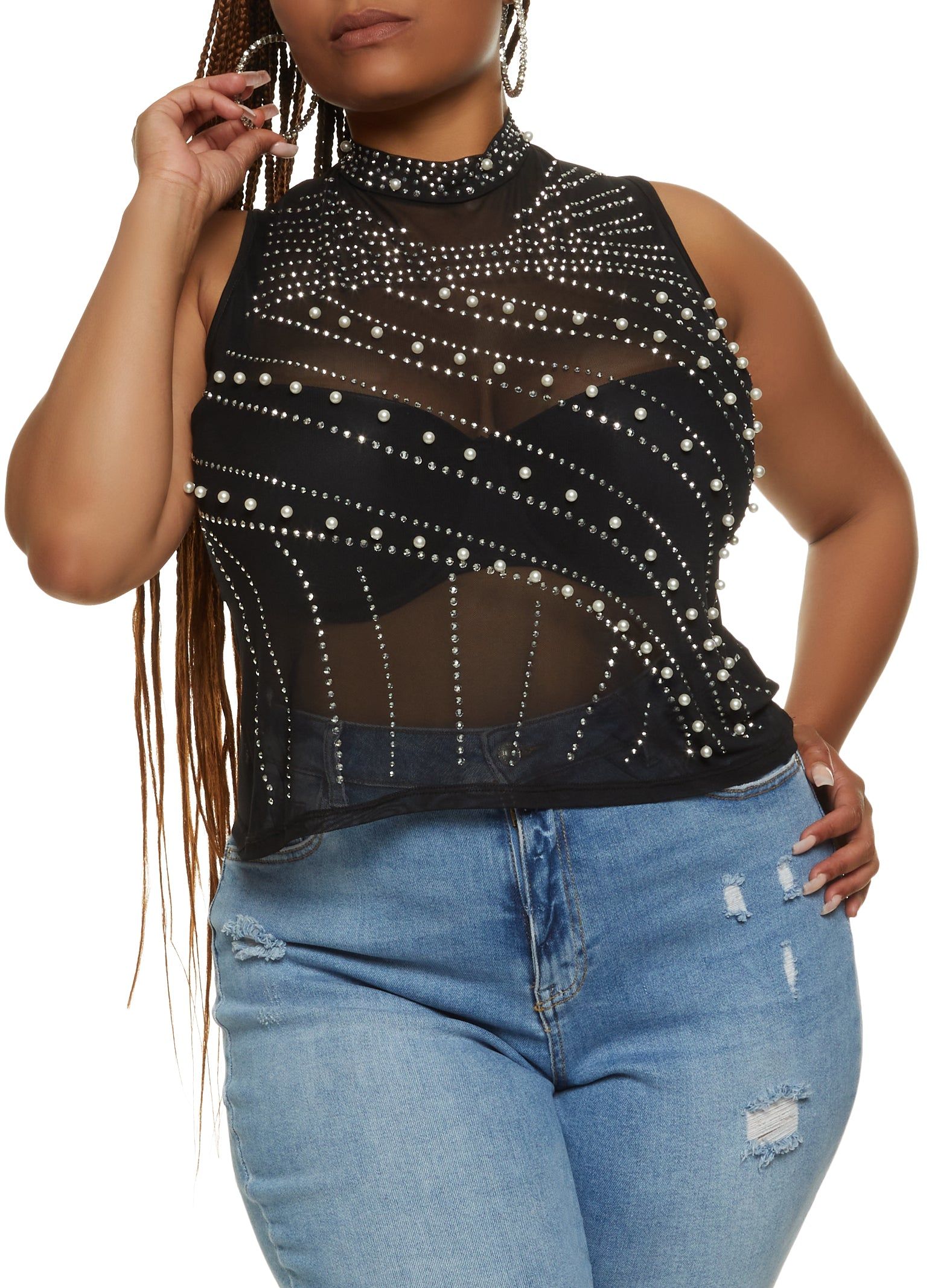 Plus Size Faux Pearl Rhinestone Mesh Tank Top sold by Rainbow
