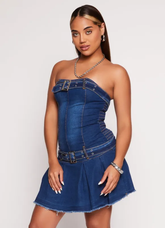 Grommet Belted Strapless Pleated Denim Dress sold by Rainbow