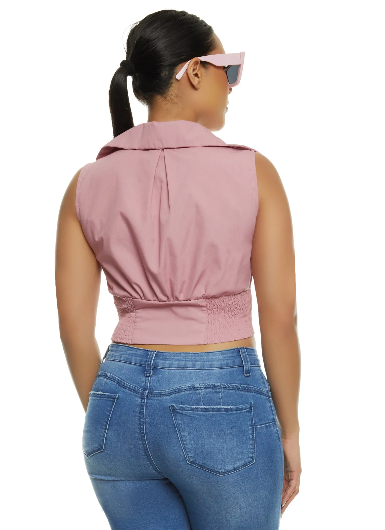 Button Front Sleeveless Smocked Cropped Shirt sold by Rainbow product image thumbnail 2