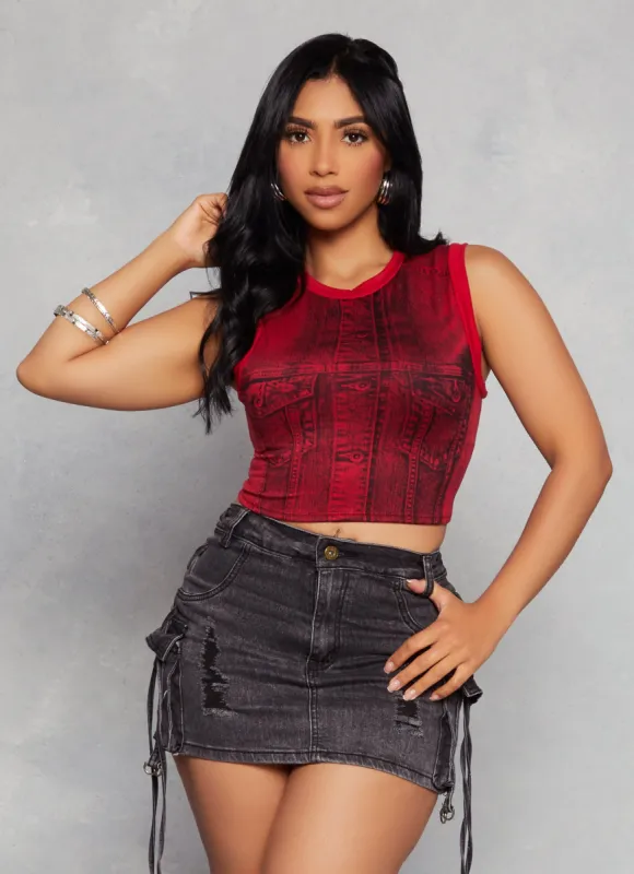 Denim Print Sleeveless Crop Top sold by Rainbow