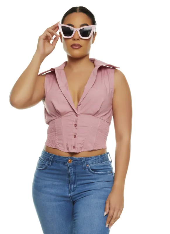 Button Front Sleeveless Smocked Cropped Shirt sold by Rainbow