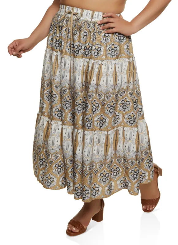 Plus Size Printed Tiered Maxi Skirt sold by Rainbow