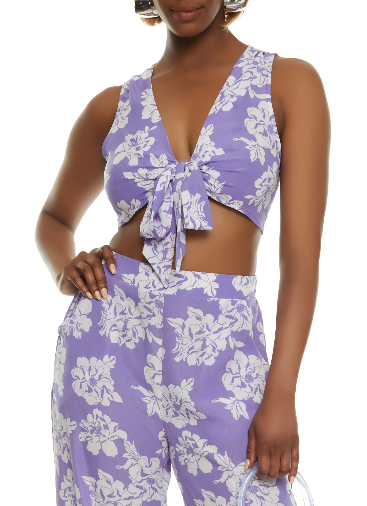 Floral Print Tie Front Crop Top sold by Rainbow