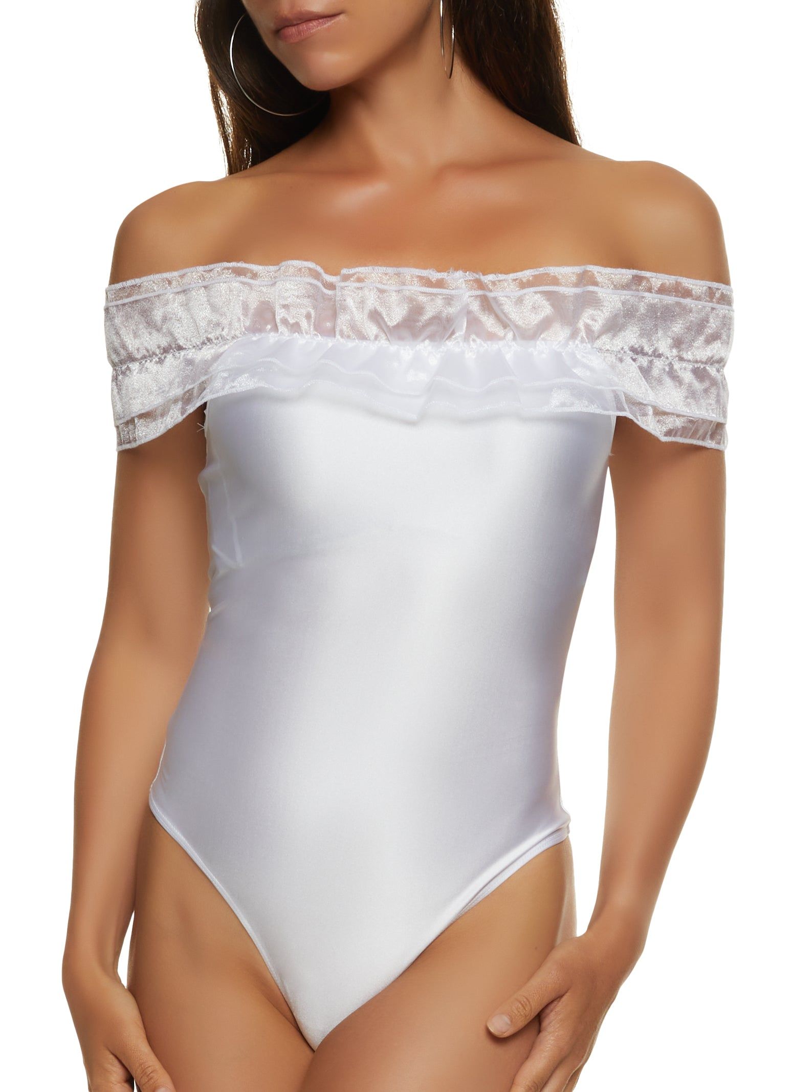 Ruffle Trim Off the Shoulder Bodysuit sold by Rainbow