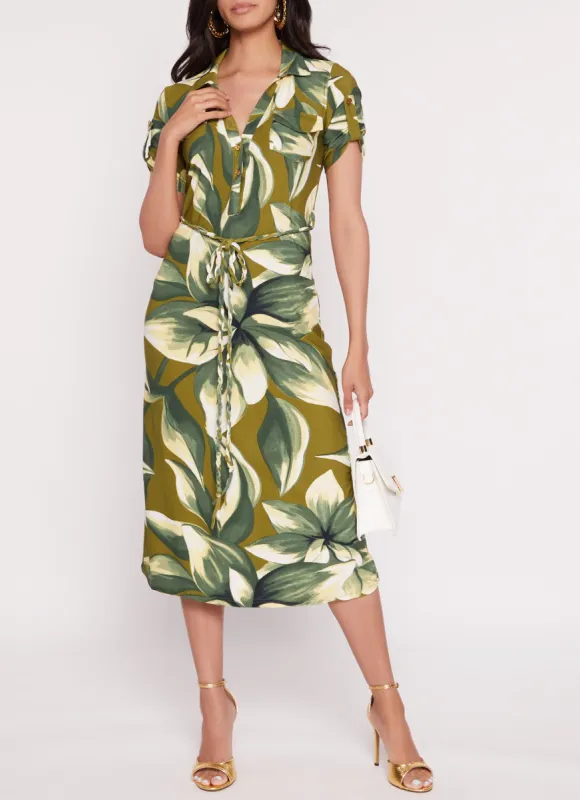 Floral Print Tabbed Sleeve Midi Shirt Dress sold by Rainbow