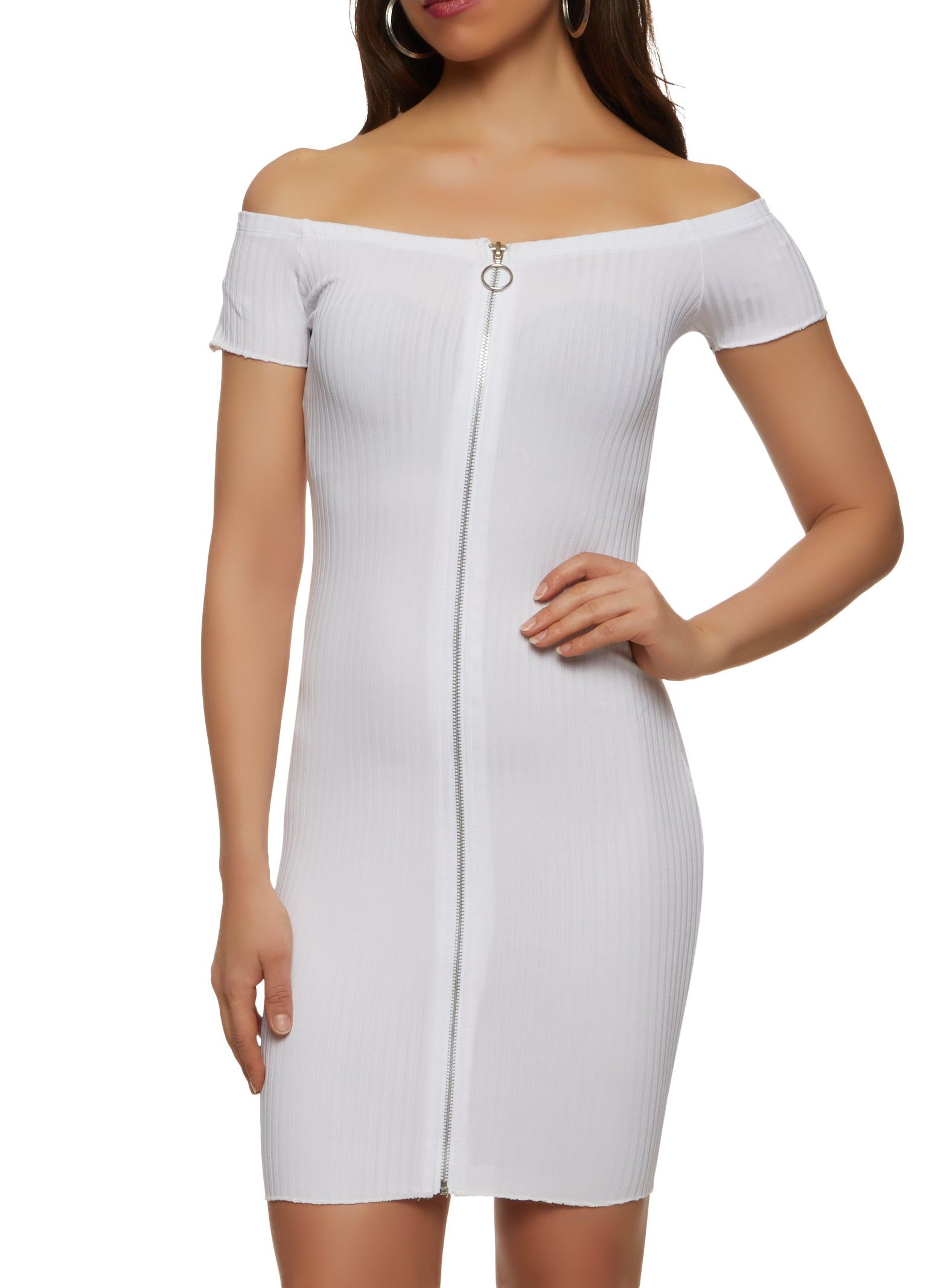 Ribbed Zip Front Off the Shoulder Dress sold by Rainbow