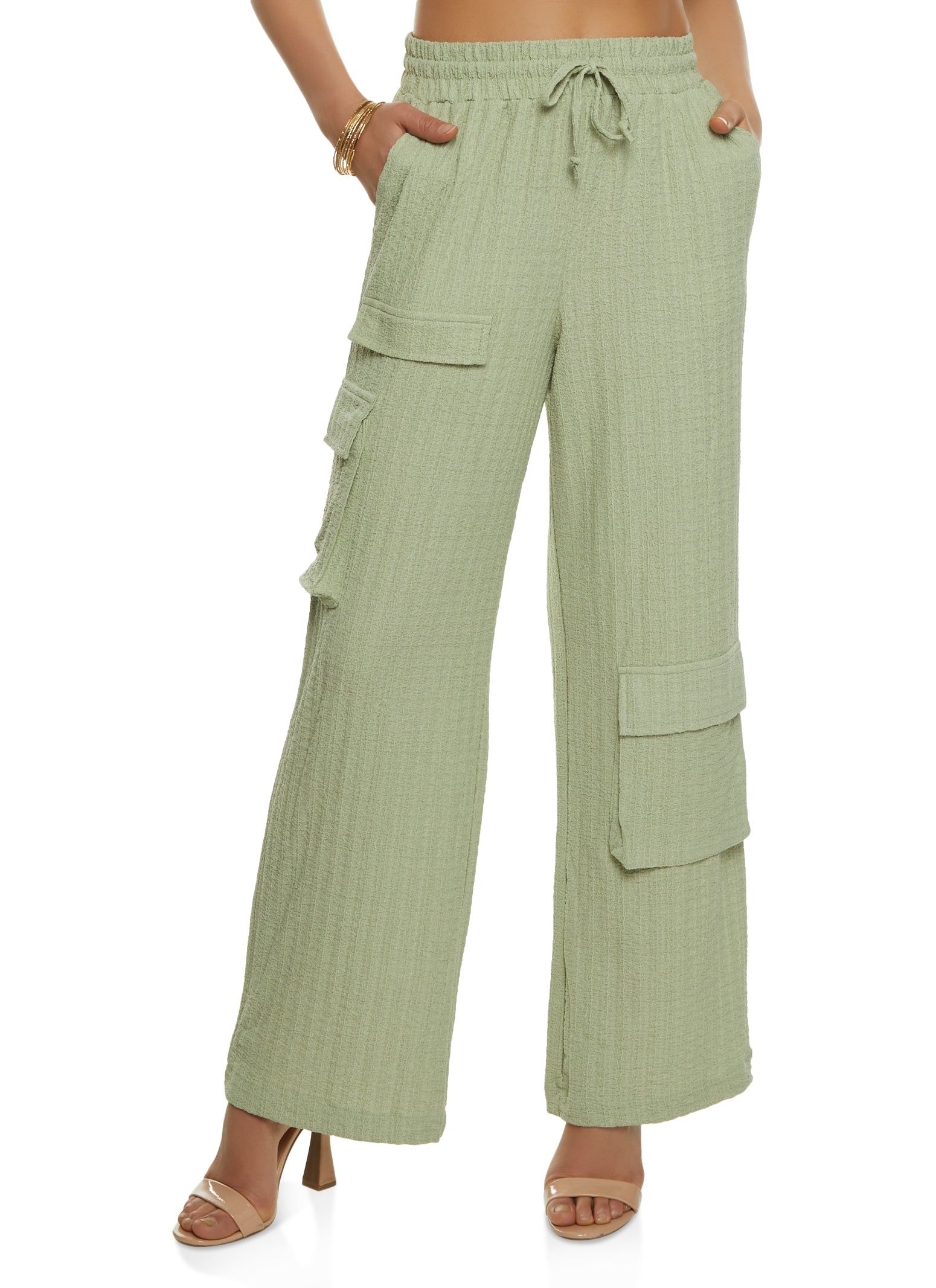 Textured Knit Drawstring Wide Leg Cargo Pants sold by Rainbow
