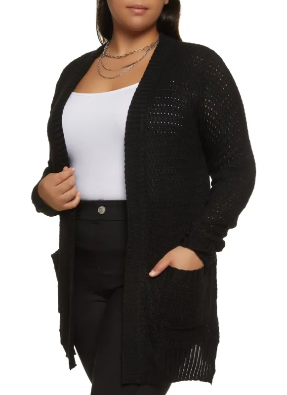 Plus Size Pointelle Knit Open Front Cardigan sold by Rainbow