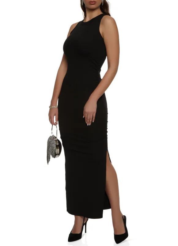 Rib Knit Ruched Side Slit Maxi Dress sold by Rainbow