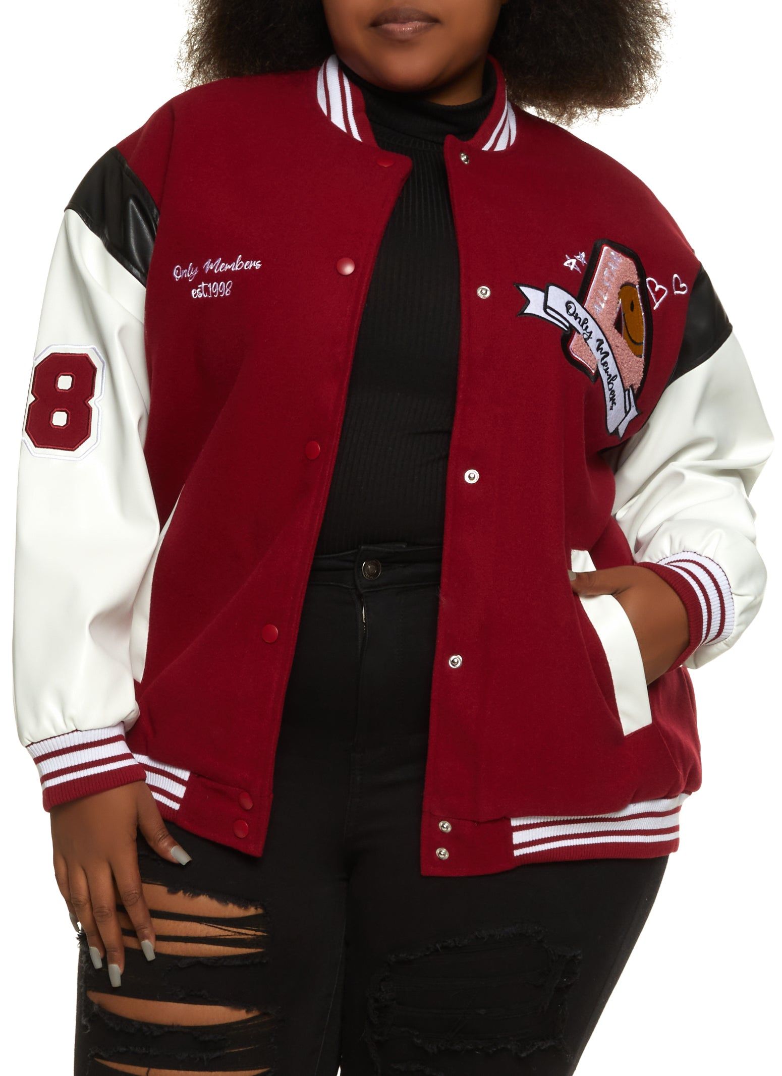 Plus Size Only Members Chenille Patch Varsity Bomber Jacket sold by Rainbow
