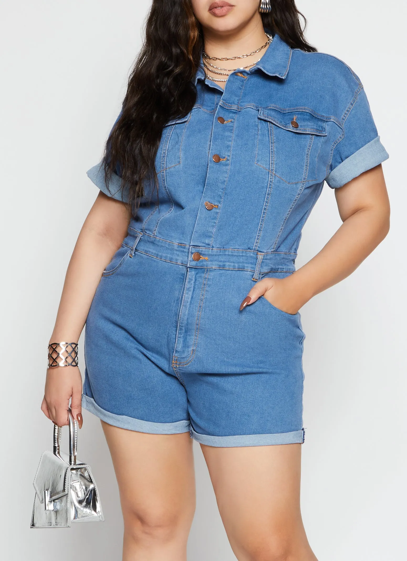 Plus Size Daisy Short Sleeve Denim Romper sold by Rainbow