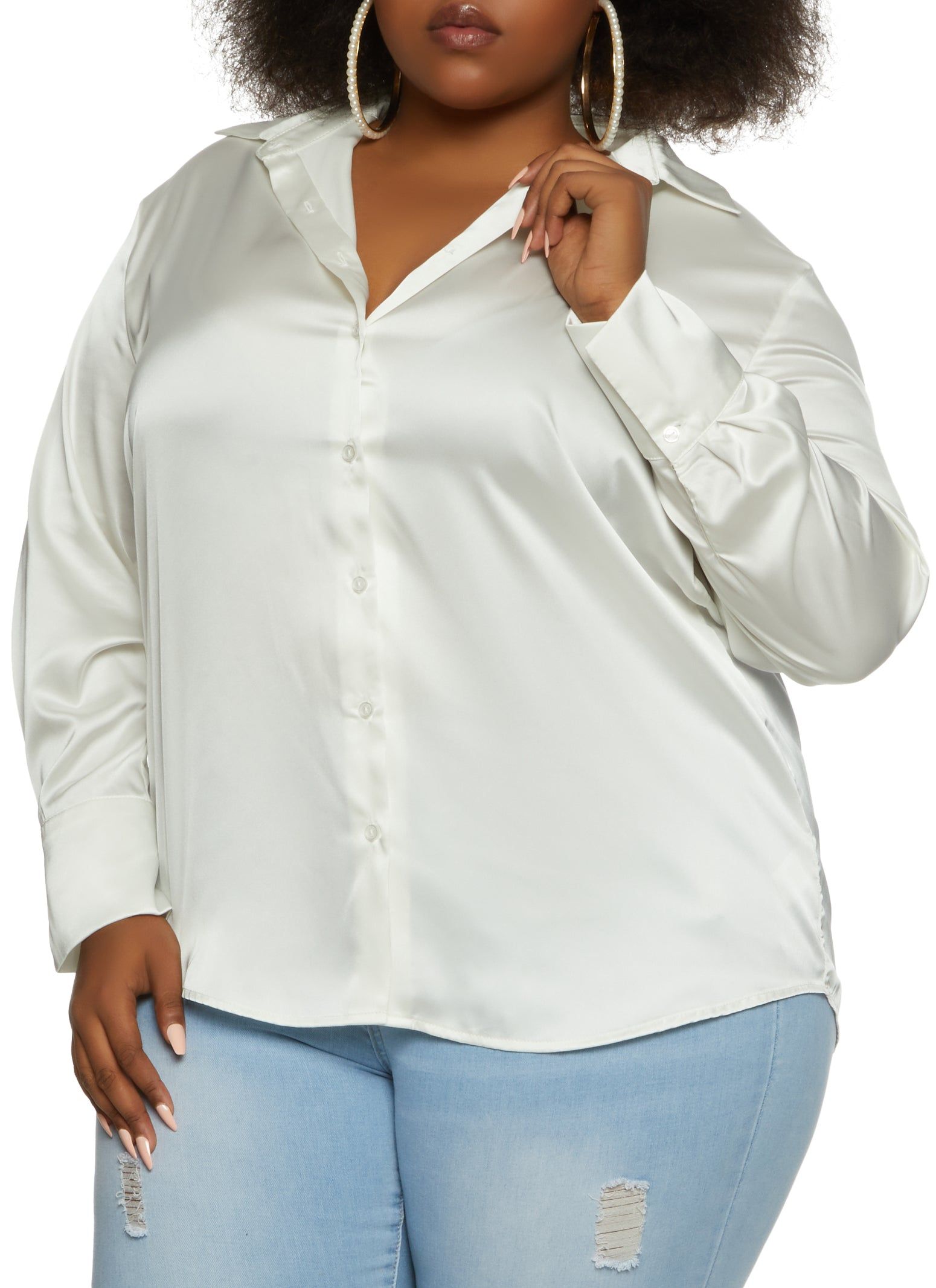 Plus Size Satin Solid Button Down Shirt sold by Rainbow