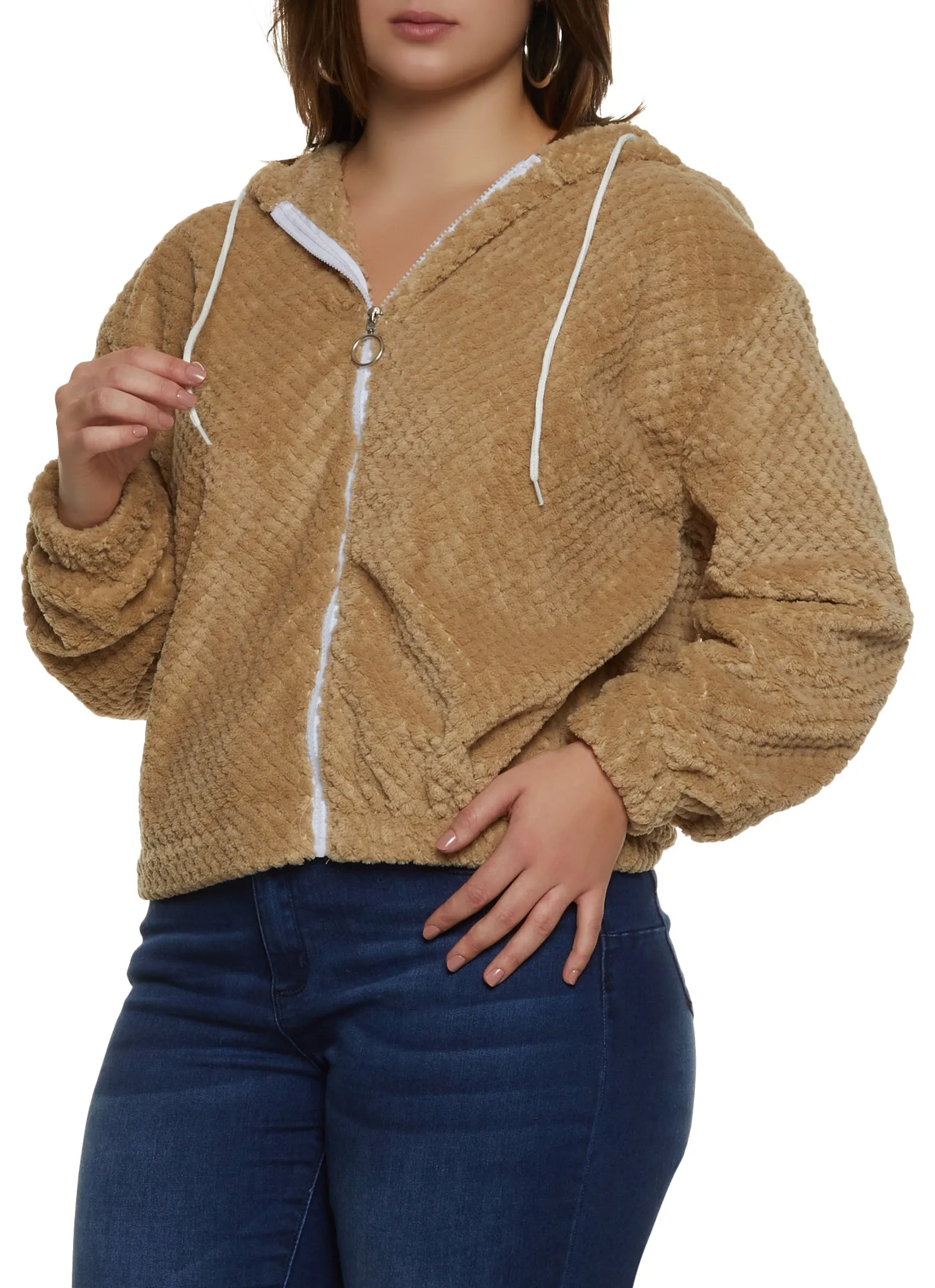 Plus Size Faux Fur Zip Front Hoodie sold by Rainbow