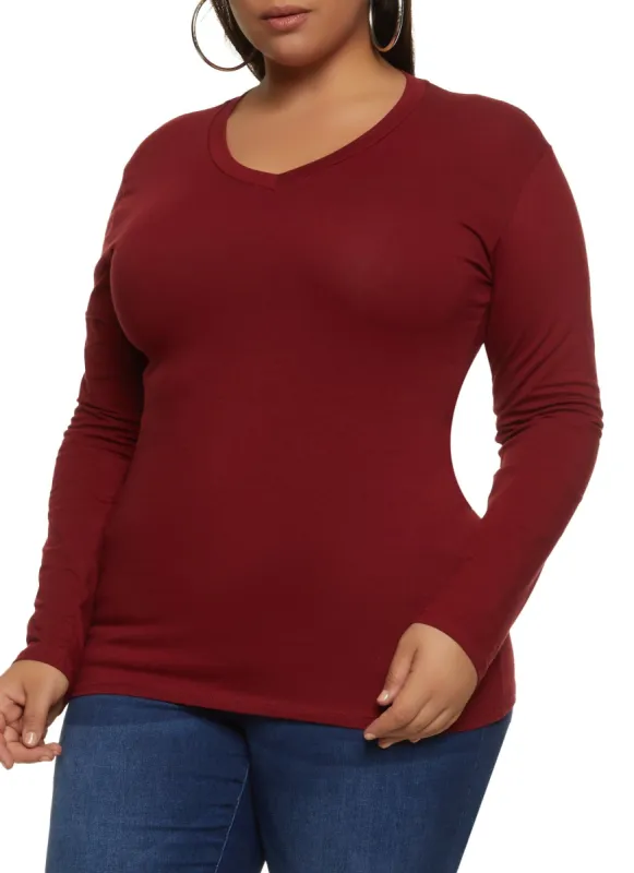 Plus Size Long Sleeve V Neck Basic Tee sold by Rainbow
