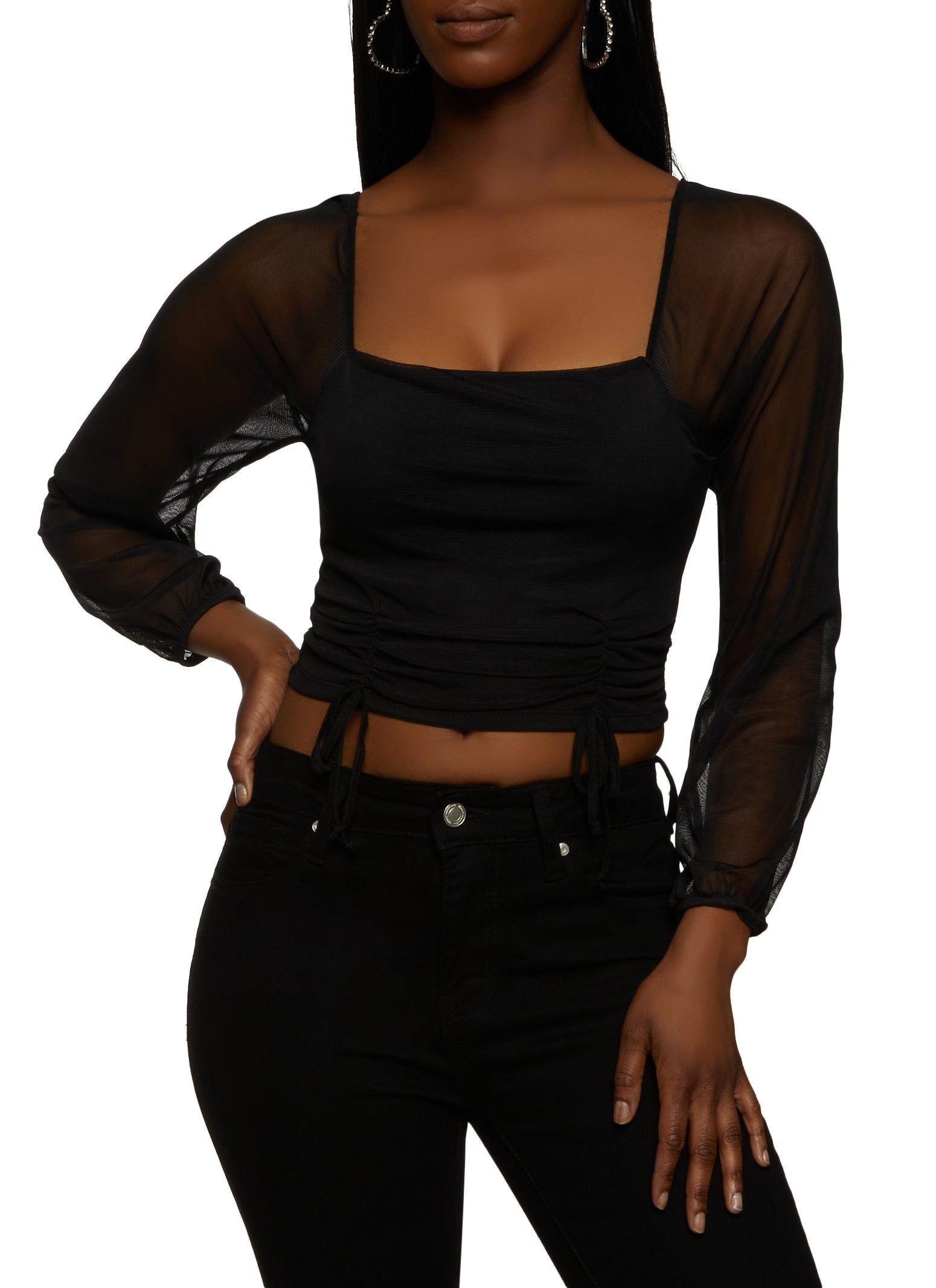Mesh Long Sleeve Ruched Crop Top sold by Rainbow