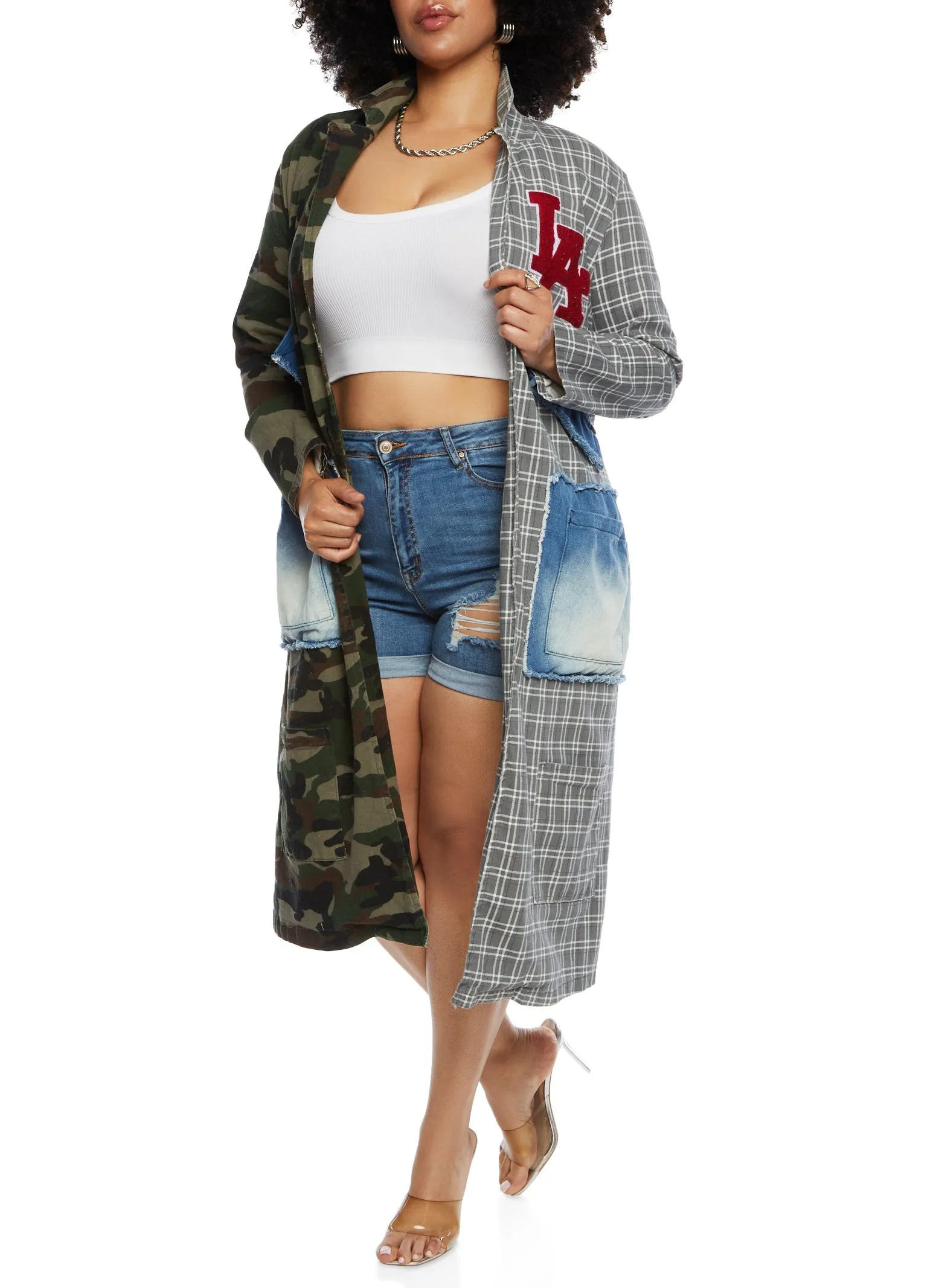 Plus Size LA Chenille Patch Camo Plaid Duster sold by Rainbow