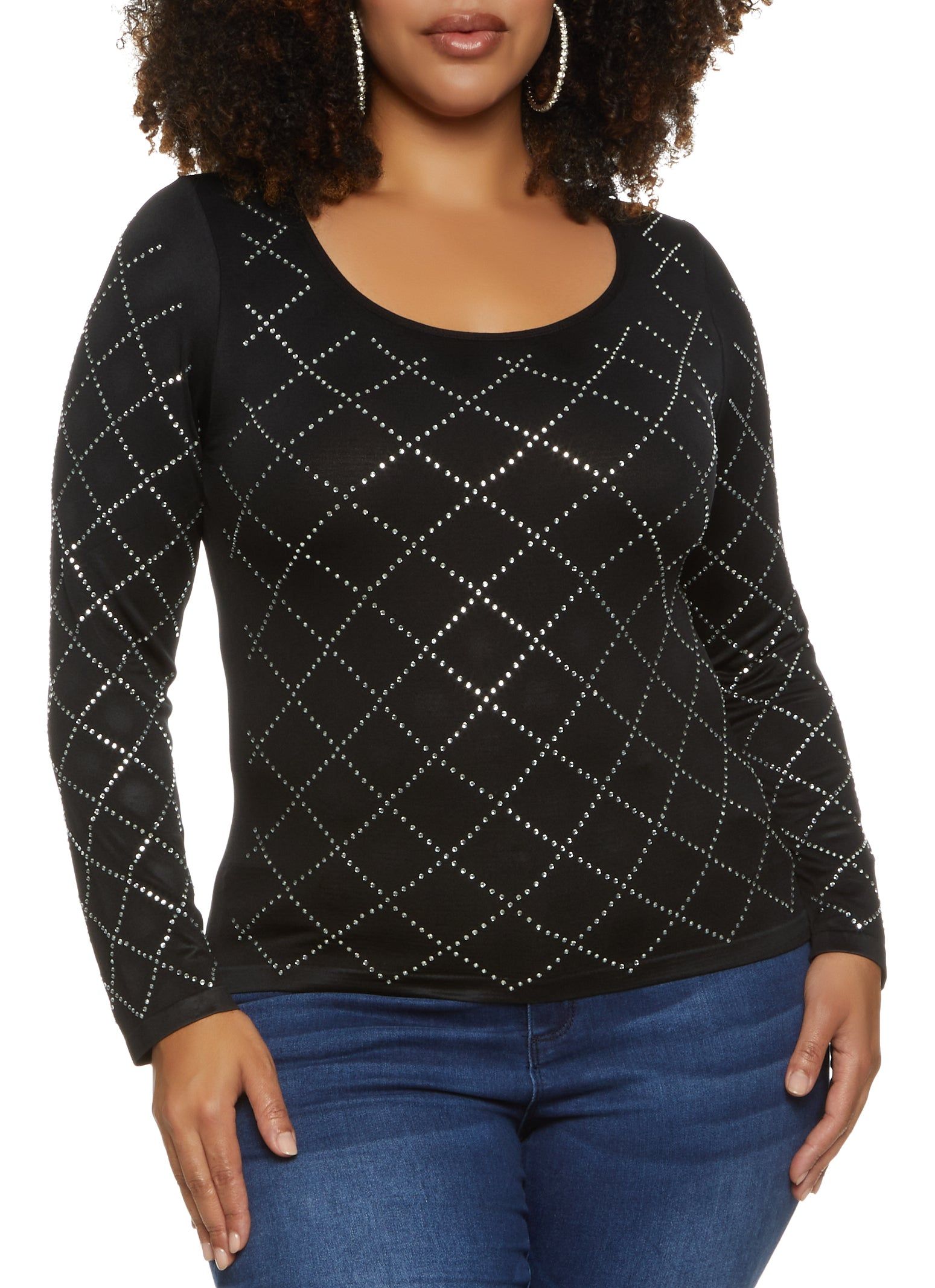 Plus Size Scoop Neck Rhinestone Printed T Shirt sold by Rainbow